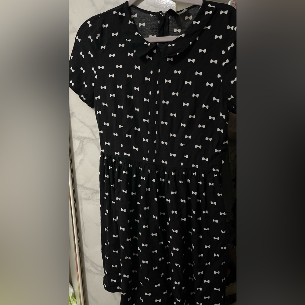 H&M Breathable Black Mini Dress with White Bow Pattern